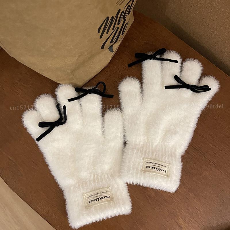 

Soft Mink Fleece Winter Gloves Women Girls Cute bow Solid White Warm Plush Knitted Full Finger Glove Screentouch Wrist Mittens белый