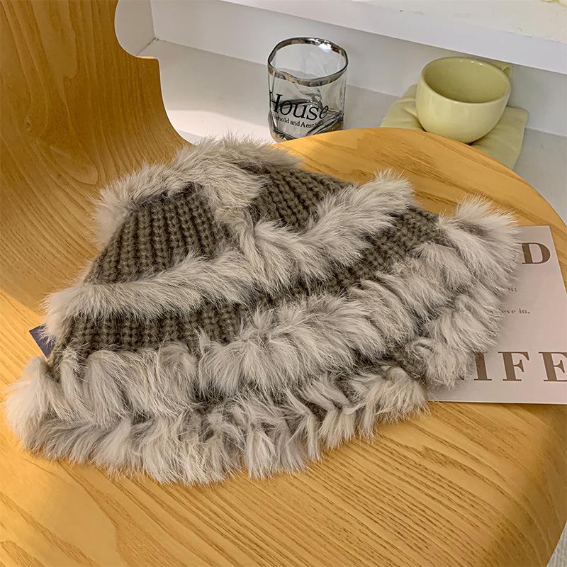 Rabbit fur knitted plush hat women's autumn and winter warm plush hat big head circumference showing face small bucket hat wool hat tide