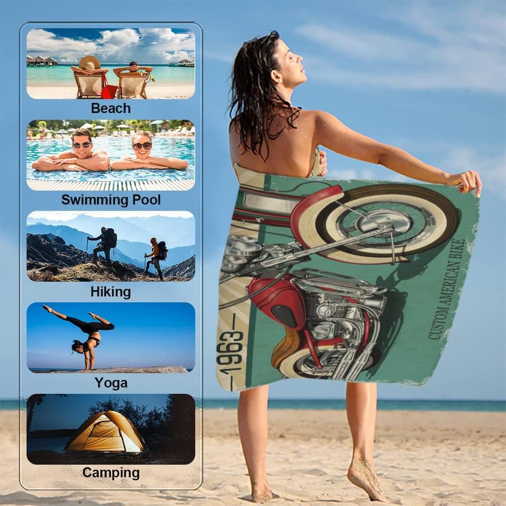 Old Motocycles Arts Beach Towel for Family Stuffs Friends Gifts Quick-Dry Sand Free For Bath Yoga Tourism Beach Camping Swimming
