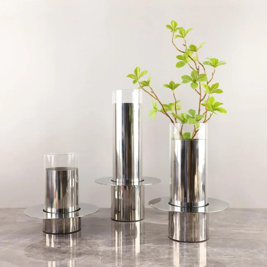 Metal Handicraft Flower Vase Geometry Stainless Steel Glass Laminated Saucer Shape Artistic Floral Arrangement Home Decoration