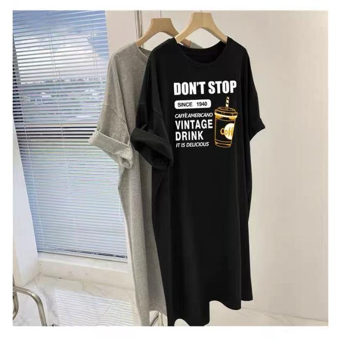 Korean version short-sleeved dress women's summer large size loose medium and long knee T-shirt skirt versatile casual split-ended long dress