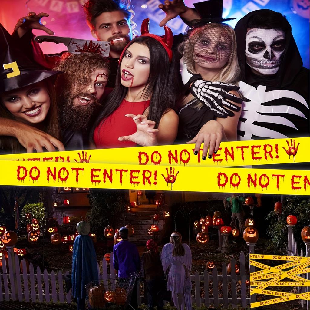 Halloween Tape with Bloody Handprints - 24.99meter Plastic Warning Ribbon for Horror Theme Party Decoration,  Safe for Kids, Water-Resistant, 14+Years