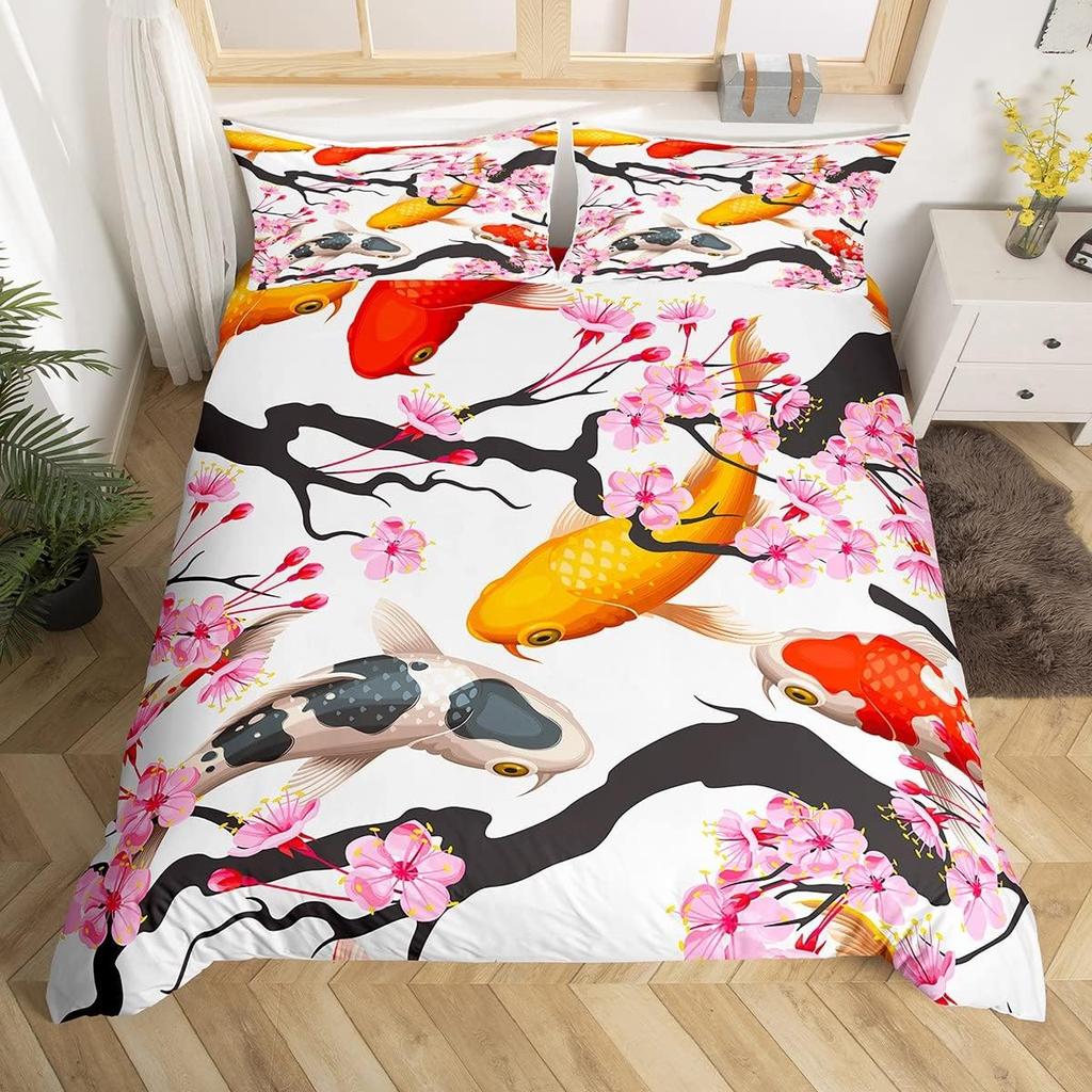 Comforter Koi Fish Full Queen Japanese Cherry Blossom Tree Bedding Set Marine Sealife Comforter For Kids Teen Room Decor
