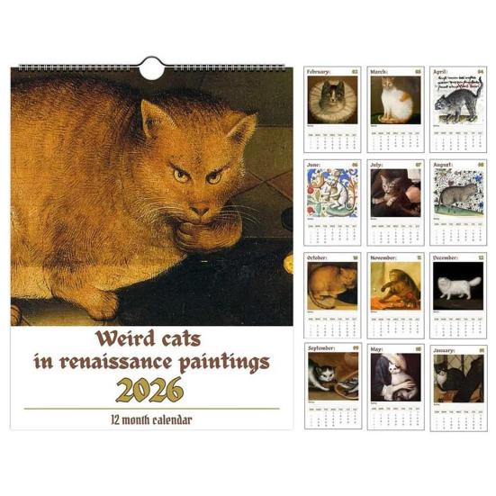 2026 Cat Wall Calendar Funny Weird Cats In Renaissance Art Monthly Planner with Clear Date Boxes Spiral Bound Calendar for Home Unique Cat Lover Gifts
