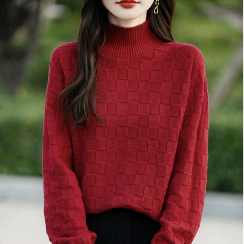 Women's 2024 Checkerboard Jacquard Knit Base Layer Top - Half-High Neck, Thick, Loose, Slim-Fit Sweater