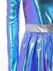 Women Halloween Cosplay Dress 80s Disco Metallic Mock Neck One Shoulder Long Sleeve Back Zip Asymmetrical Gown for Party