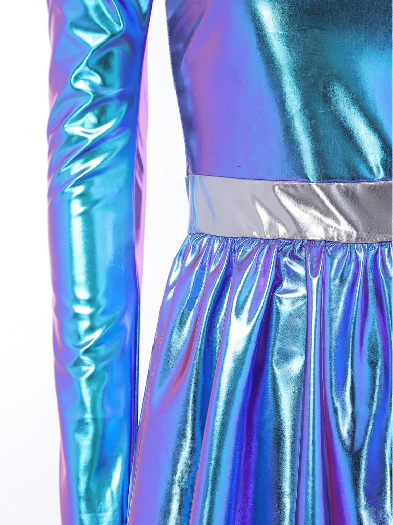 Women Halloween Cosplay Dress 80s Disco Metallic Mock Neck One Shoulder Long Sleeve Back Zip Asymmetrical Gown for Party