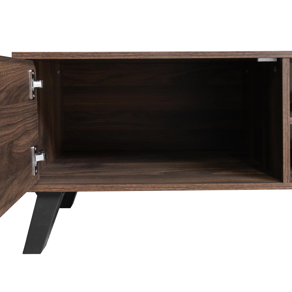 Mueble de TV moderno con 2 puertas y 2 compartimentos abiertos en veta de madera oscura – 160,5 x 35,5 x 45 cm