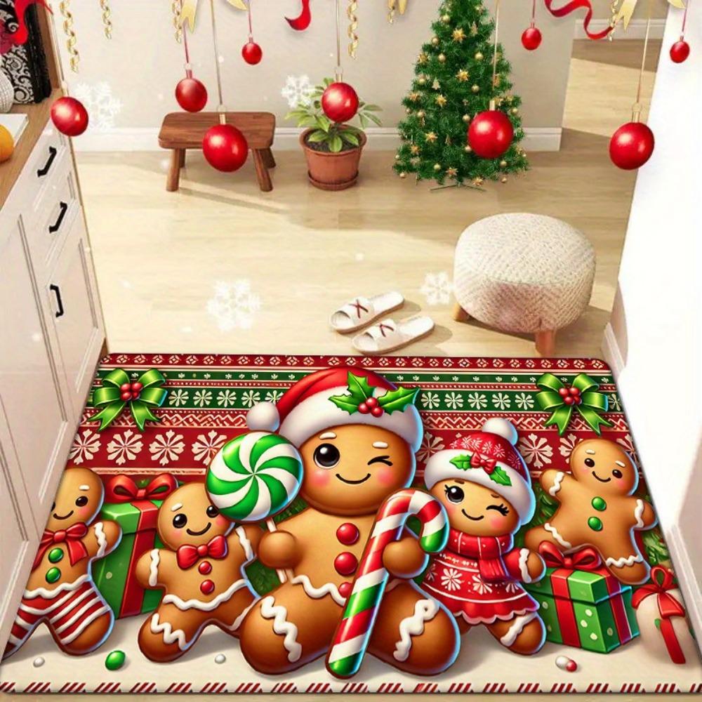 Christmas Gingerbread Man Carpet Mat Rug Plaid Design Home Decoration with Candy Cane Gift Box Pattern for Holiday Party
