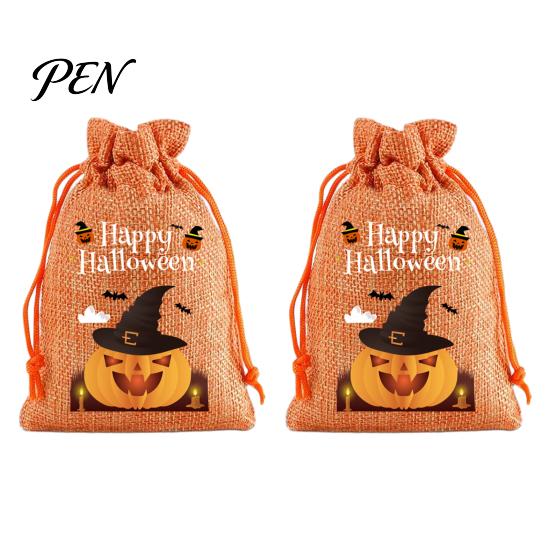 Reusable Gift Packaging 2Pcs Halloween Pumpkin Drawstring Bags for Candy Treats, Retro Burlap Small Storage Candies Trick or Treat Bags, Portable