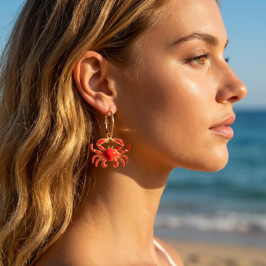 New Design Shiny Rhinestone Red Heart Crab Stud Earrings For Women Beach Cute Funny Sea Animal Crab Earring Vacation Jewelry