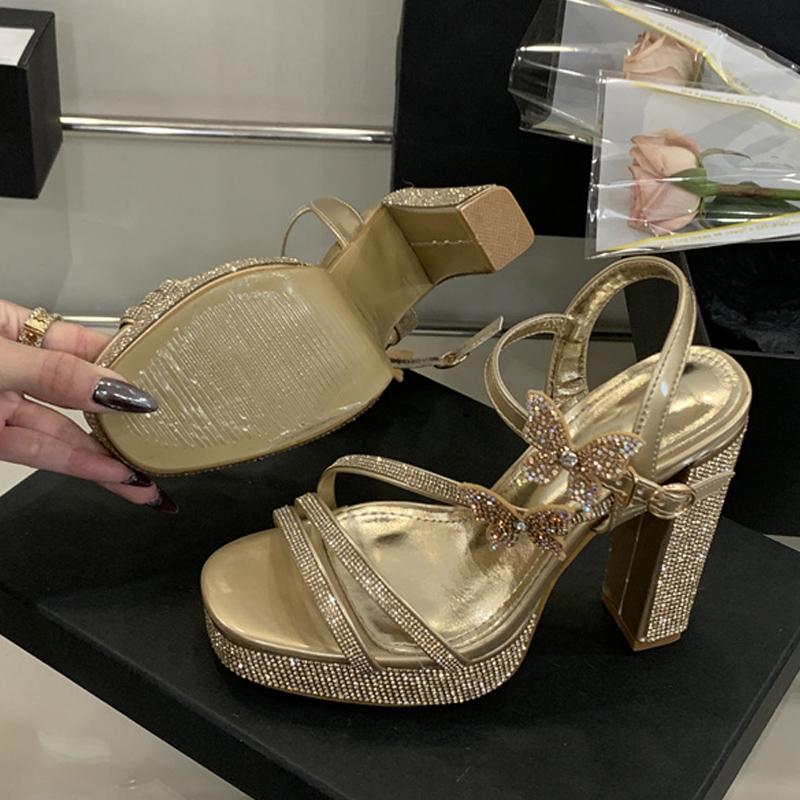 Moda Liyke Moda Błyszczące Dżety Damskie Sandały 12CM Kryształowy Pasek z Motylem Letnie Gruba Platforma Wysokie Obcasy Ślubne Buty na Bal