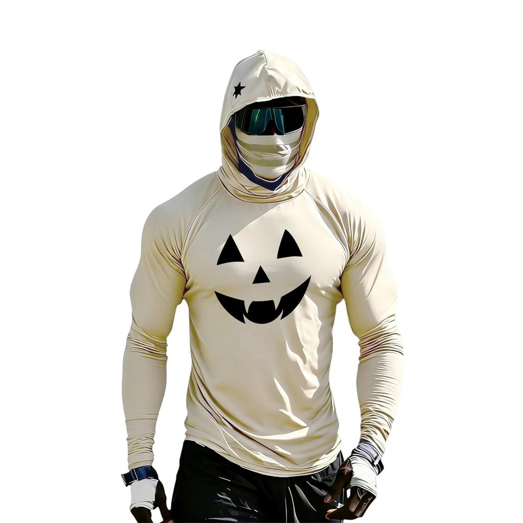 Men's Casual Long Sleeve Hooded Raglan Sun Top with Colorblock and Halloween Print