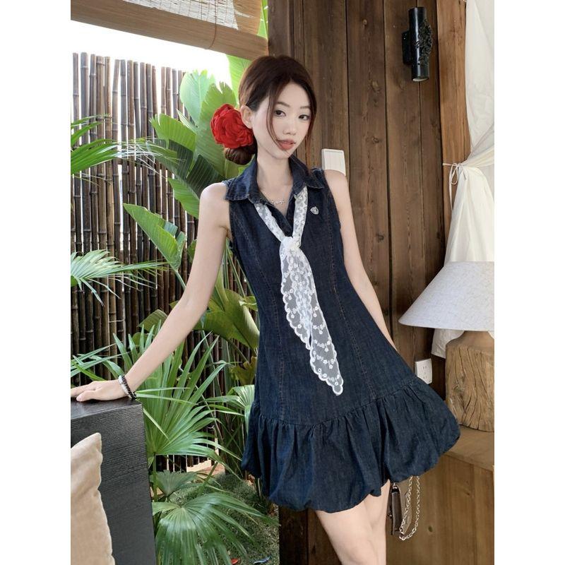 Kumikumi High Sense French style Waist Hugging Denim Vest Dress Women Summer Temperament Lapel Flower Bud Skirt Short dress