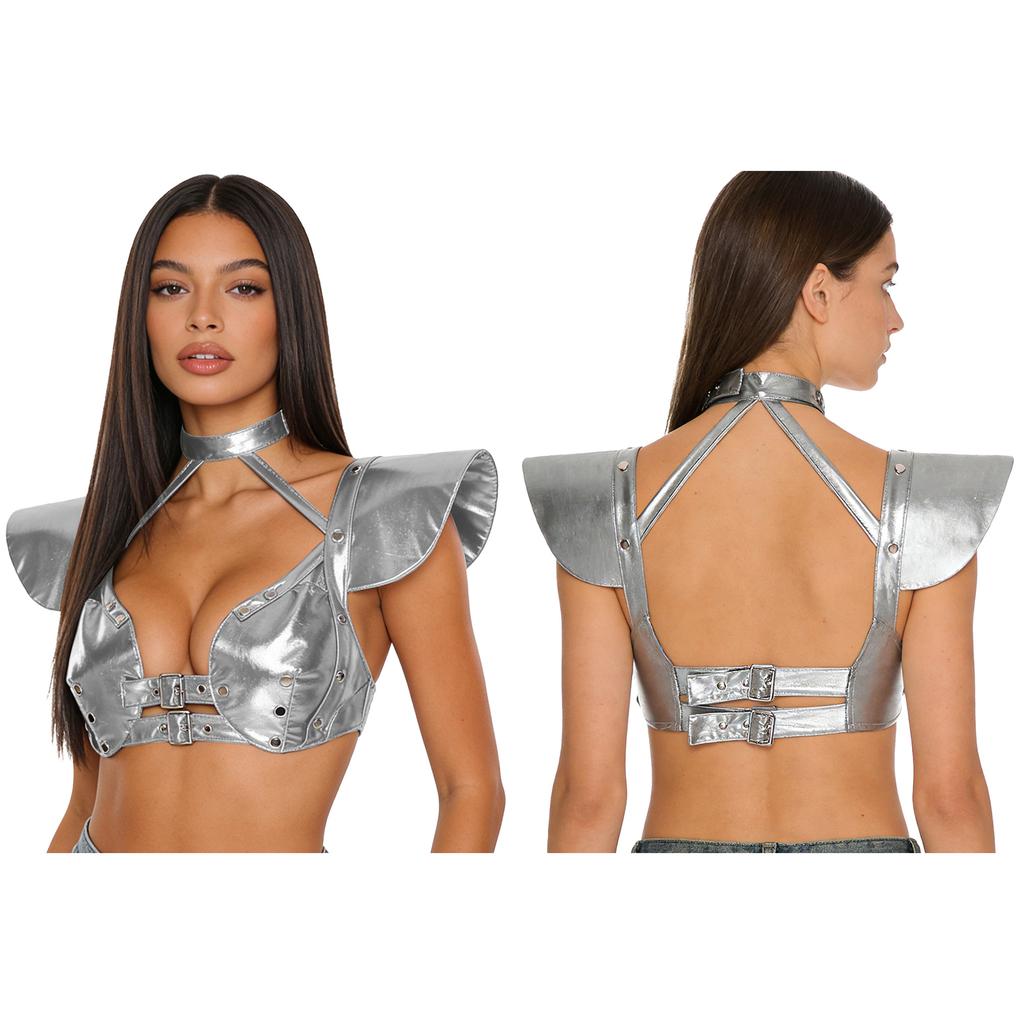 S-XXL Damen Glitzer Gothic Crop Top Neckholder Fledermausärmel Nietenbesatz Verstellbare Schnalle Korsett Bustier Schulterpanzer für Rave Club Party