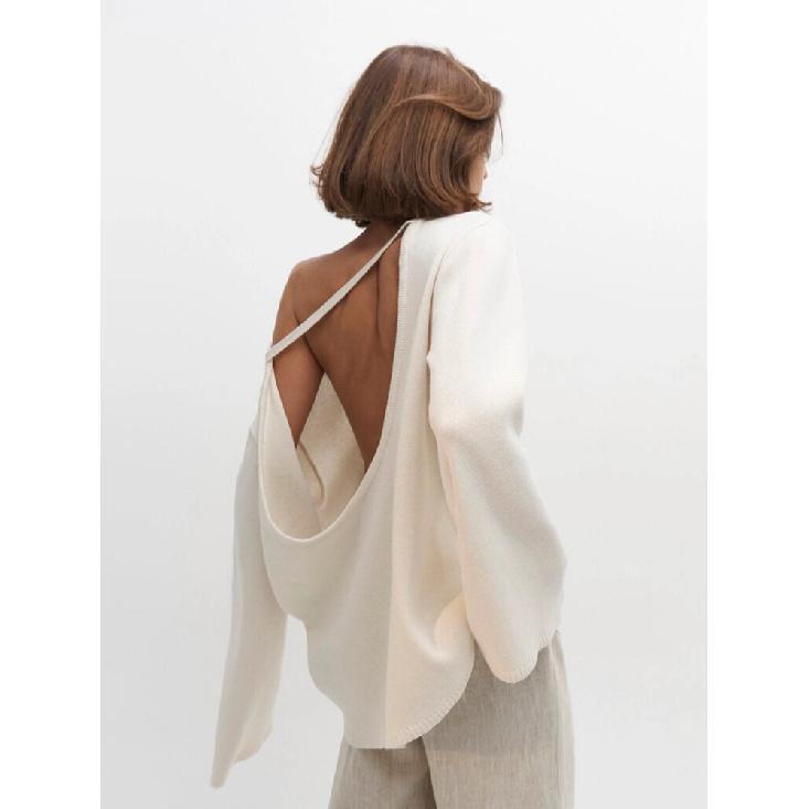 

Вязаный свитер с открытой спиной, круглым вырезом, из альпаки, однотонный, толстый, женский, свободный, повседневный, в стиле ретро, новый, теплый пуловер, топ, осень-зима L