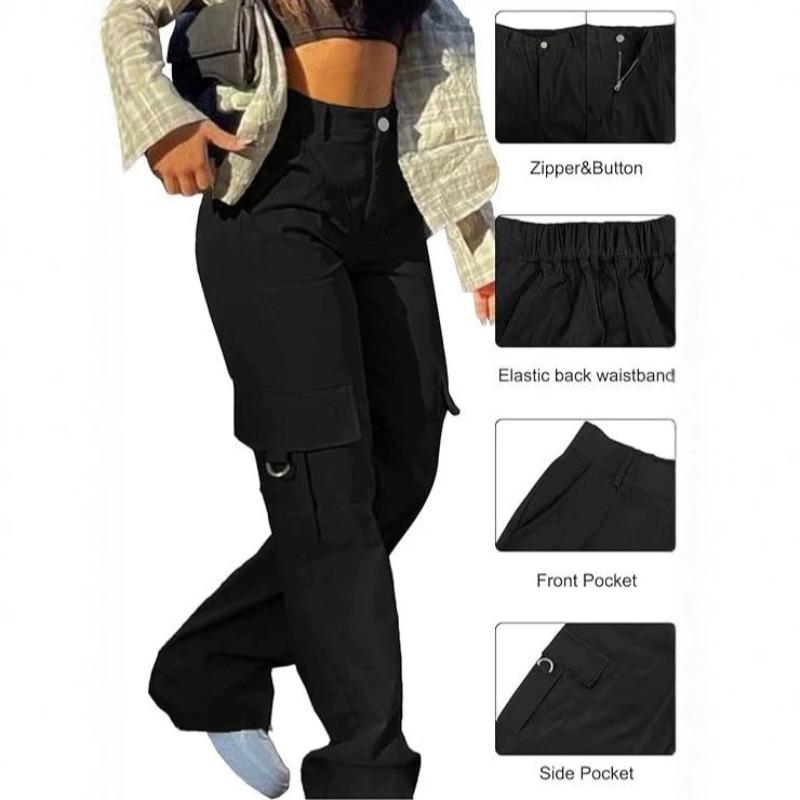 New high-waisted straight-leg trousers casual and versatile solid color multi-pocket semi-elastic waist women's overalls