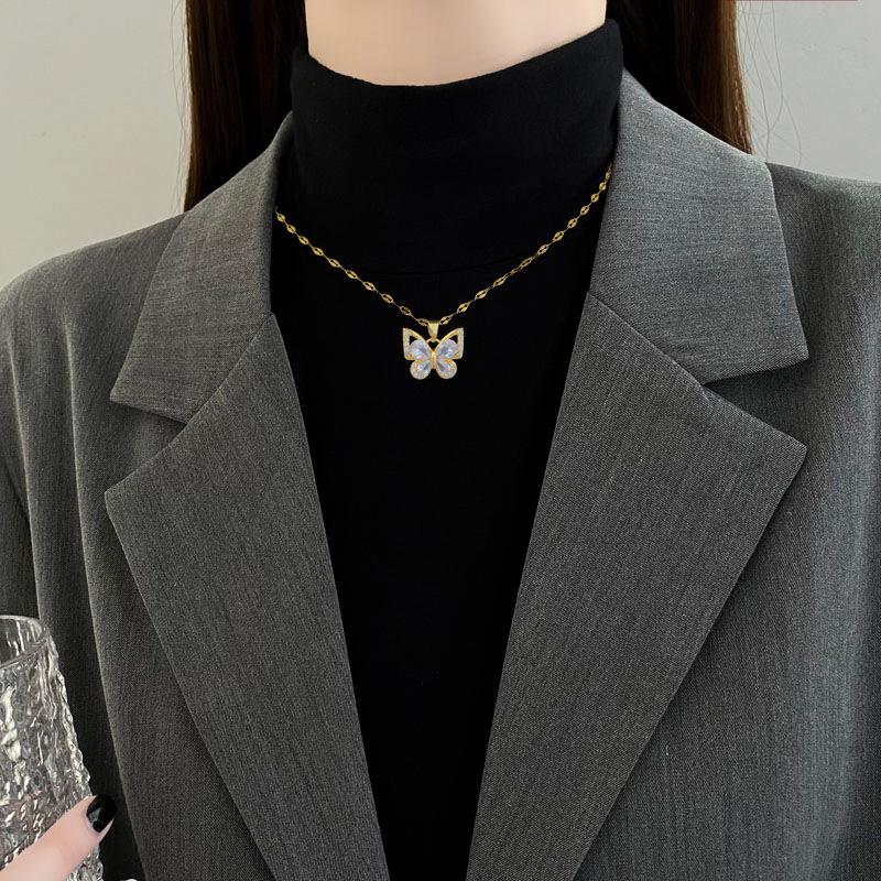 Exquisite Zircon Butterfly Earrings Necklace Jewelry Set Women's Stainless Steel Butterfly Flower Clavicle Necklace Jewelry