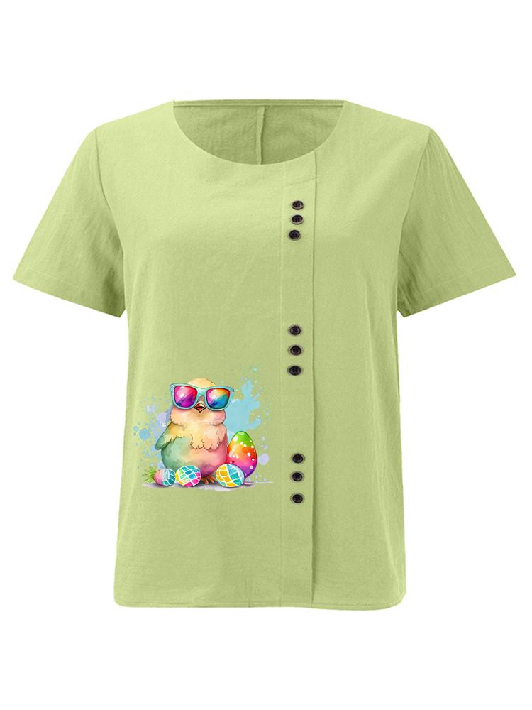 

Women s Fashion Cool Little Chicken Print Casual Cotton Linen Short Sleeve Round Neck T-shirt Shirt Leisure Loose Summer Blouse Tops 5XL зелений