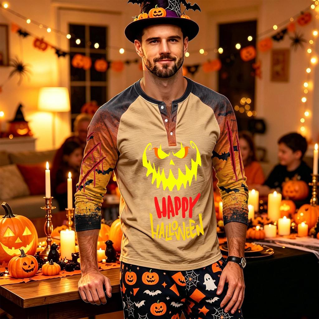 Men's Long Sleeve Shirt with Halloween Print for Holiday Parties and Casual Wear