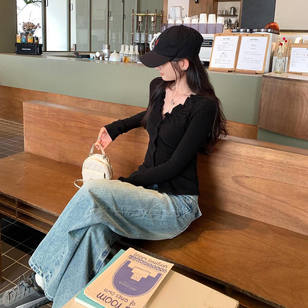 Korean Elegant Ruffle V-Neck Cardigan Women's Slimming Base Layer T-Shirt Top for Autumn/Winter