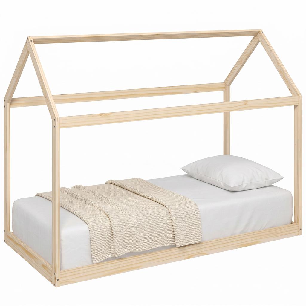Single Bed Frame, House Scandinavian Wooden Bed Frame for 90W x 190Dcm Mattress, Pine Wood Bed Base, Natural Wood Finish