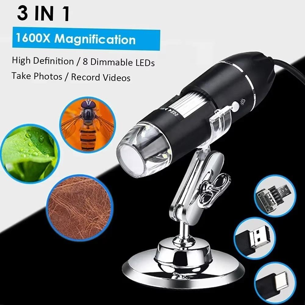 1600X Magnification Digital Microscope Camera 8 LED Lights Adjustable Stand Electronic Microscope HD 3in1 USB Digital Microscope