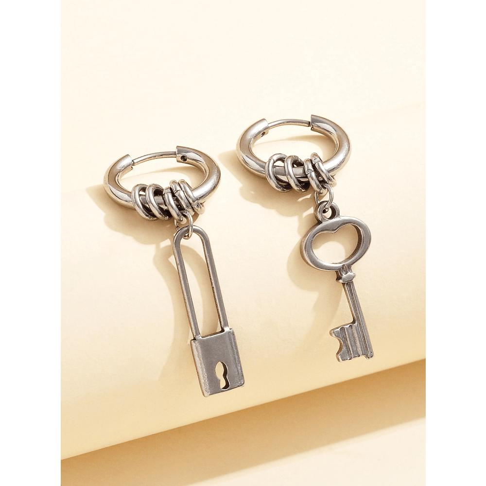 1pc Key & Lock Mismatched Drop Earrings, Stainless Steel Jewelry
