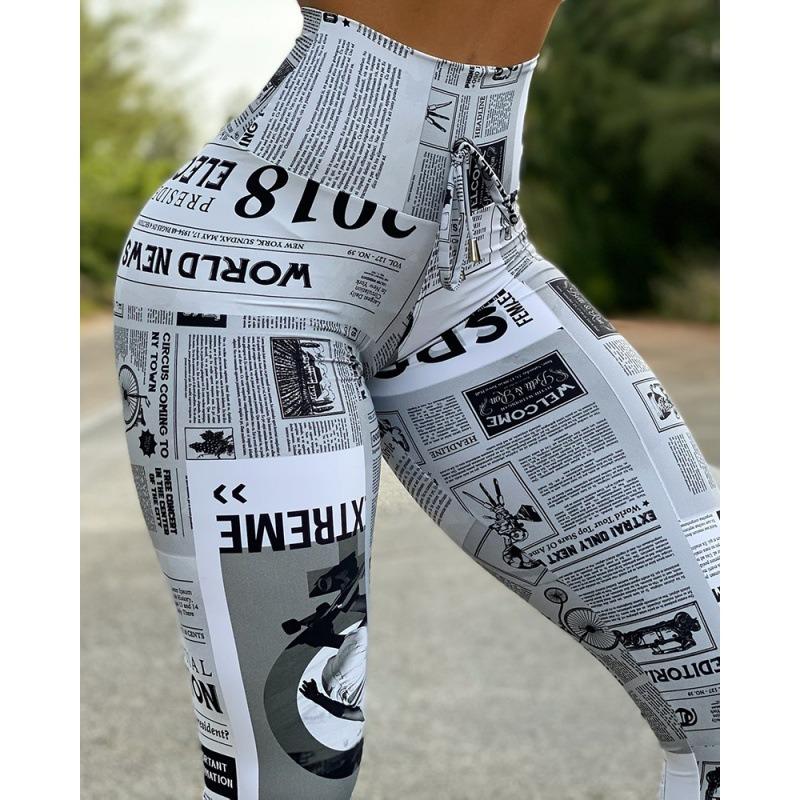 Fashion News Times Spodnie do jogi z nadrukiem cyfrowym, wysoki stan, elastyczne, do biegania, legginsy wyszczuplające