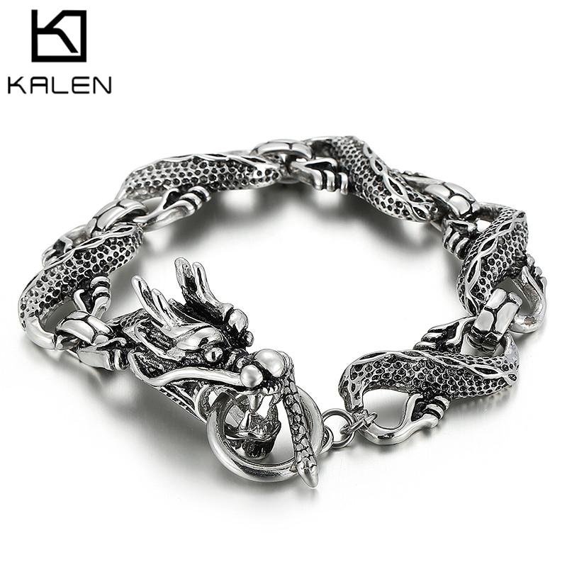Kalen Dragon Bracelet Vintage Men's Carved Textured Bracelet Stainless Steel Jewelry Holiday Gift