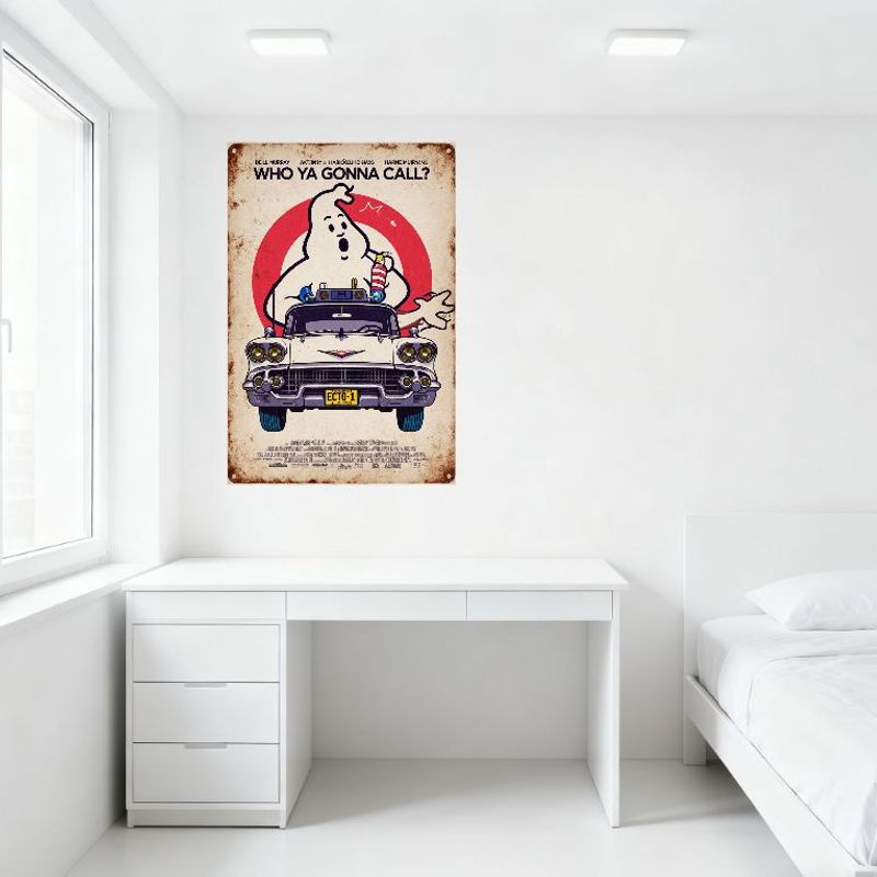 Ghostbusters Vintage Metallblechschild - WEN RUFT IHR AN? ECTO-1 Auto Stay Puft Marshmallow Man Kunstplakette für Heimbar Club Mann C