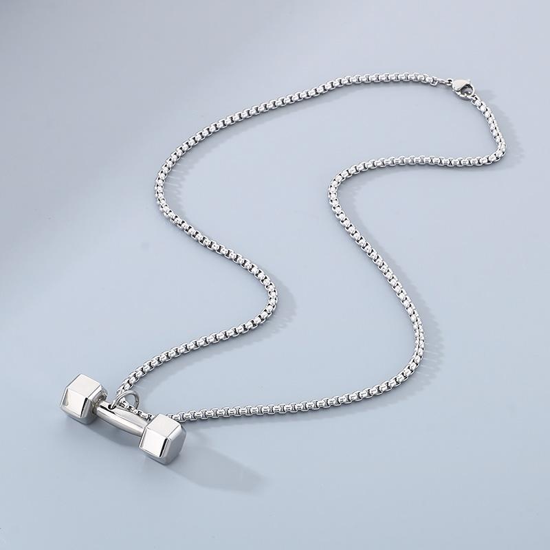Gold Color Stainless Steel Barbell Pendant Necklace for Men Women Sports Souvenir Gift Square Pearl Chain Charm Trendy Jewelry