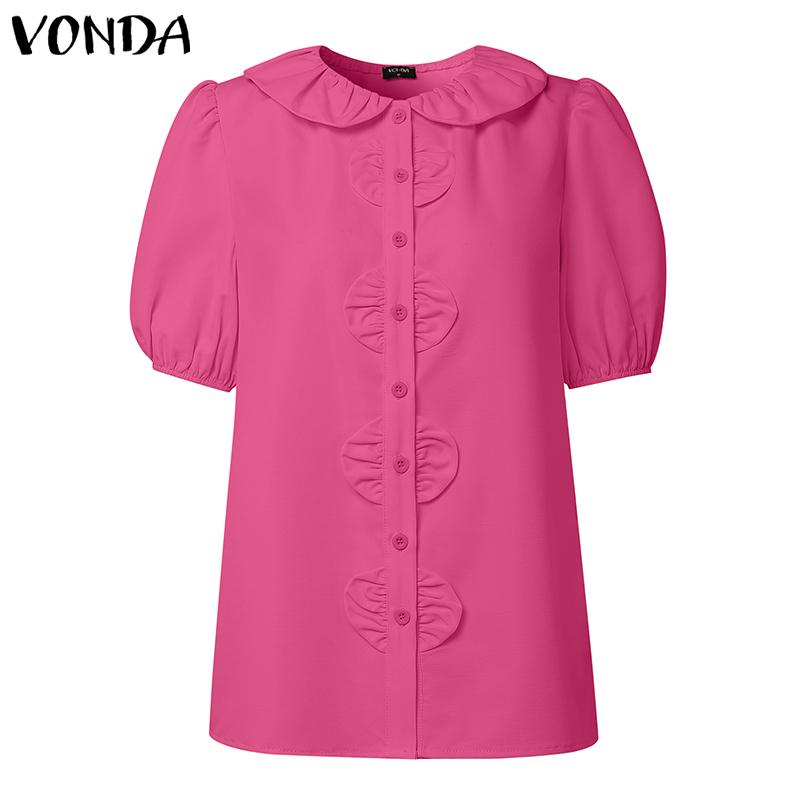 VONDA Blusa Casual de Manga Corta Abullonada con Botones Laterales y Volantes Sólida para Mujer