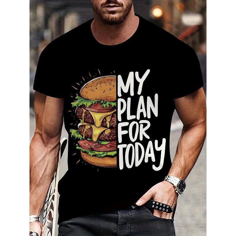 

European sizes Men S Letter Print T-Shirt Featuring a Hamburger Design, a Stylish And Casual Summer Crew Neck Pullover. 4XL чорний