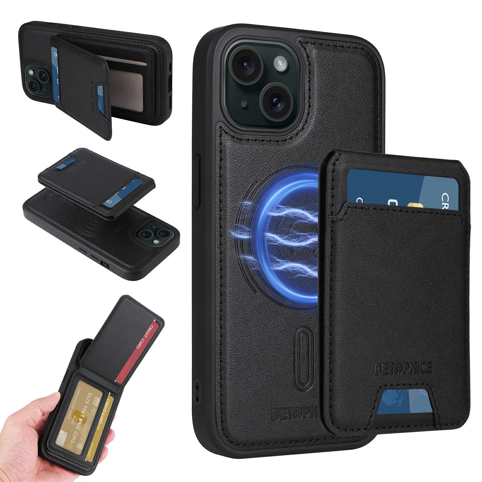 

For iPhone 15 Magnetic Case BETOPNICE RFID Blocking Leather Phone Back Cover with Detachable Card Bag Black