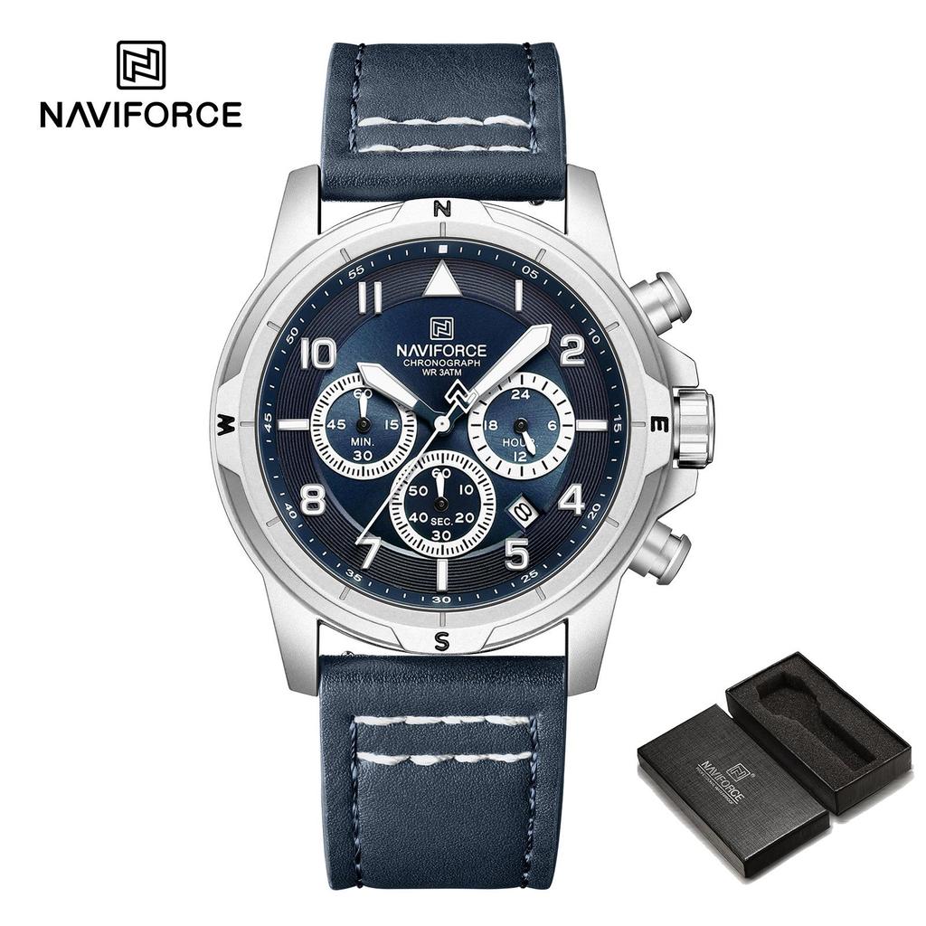 NAVIFORCE Original Men Quartz Watch Chronograph Mini Dial Calendar Date Leather Strap Luminous Hands 30m Waterproof Men Watch Gift NF8077