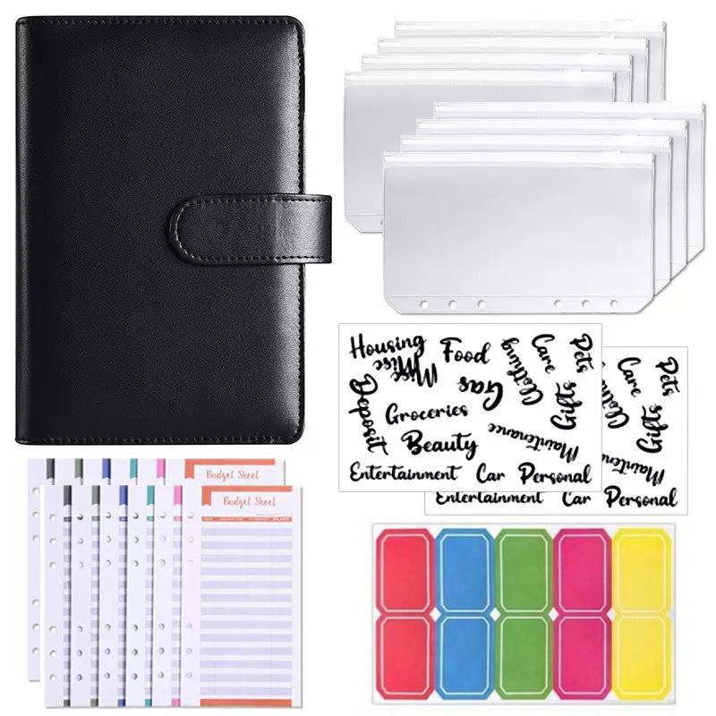 A6 PU Leather Six-Ring Loose-Leaf Binder with Zipper Pockets and Planner
