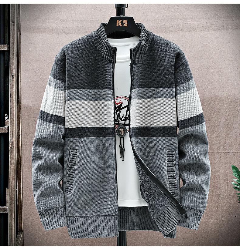 Men's Striped Zippered Cardigan Sweater - Thick Warm Color-Blocked Knitwear for Casual Fall Winter Wear