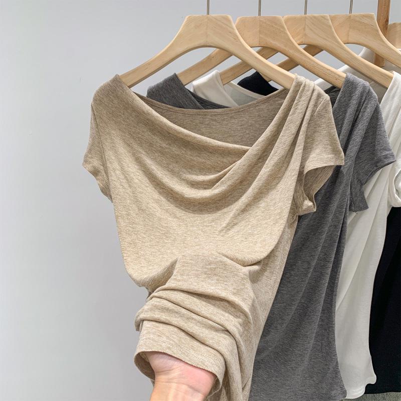 Exquisite Off-Shoulder French Drape Tee: 2025 Summer White Cinched Waist, Short-Sleeve Crop Top.
