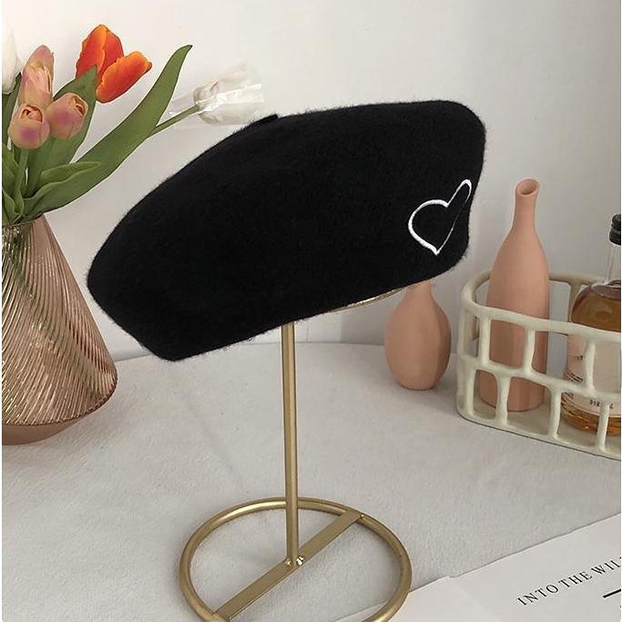 Love Embroidered Tweed Beret Hat Female Autumn And Winter Korean Version Retro Painter Hat