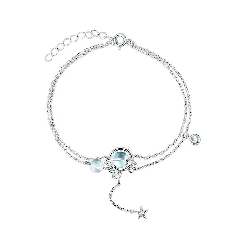 925 Silver 19CM Double Bracelet Aquamarine Crystal Encrusted Bracelet Elegant Feminine Trend Jewelry