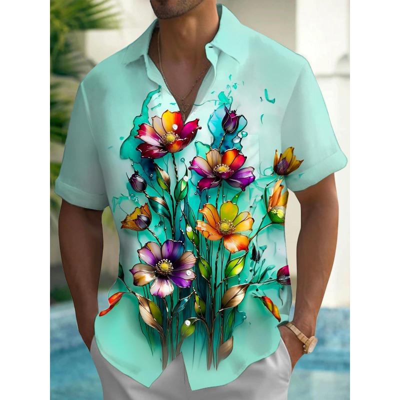 Nuova Camicia Stampata Hawaii Primavera/Estate Moda Tempo Libero Passeggiata in Strada Turista Spiaggia Apertura Totale Manica Corta con Bottoni