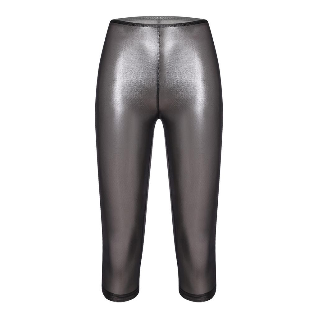 Womens Metallic Shiny Semi Transparent Capri Pants Elastic High Waist Tights Cover Up Pants