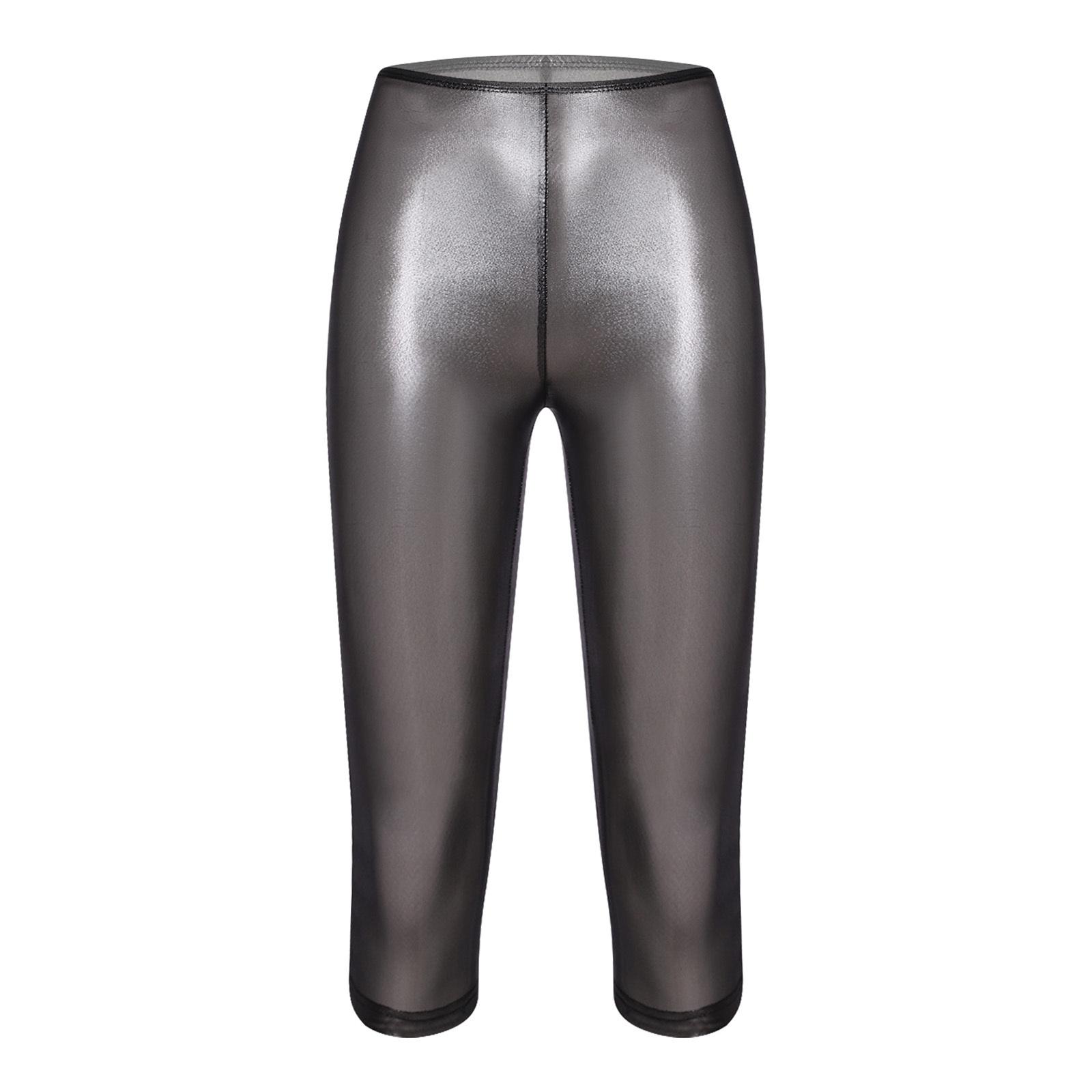 

Womens Metallic Shiny Semi Transparent Capri Pants Elastic High Waist Tights Cover Up Pants L срібний