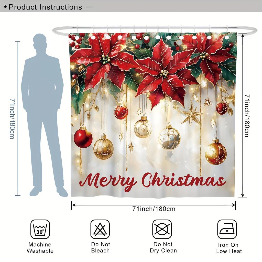 4 szt. Wesołych Świąt Zimowe Dekoracje Zestaw Zasłony Prysznicowej Kula Poinsecja Czerwony Złoty Zasłona Prysznicowa Zmywalna Na Święta Bożego Narodzenia