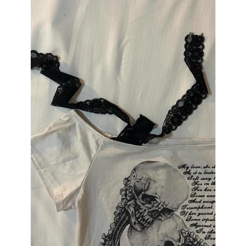 TrendHub Women Clothing Arcane Retro Stitch Skull Print Short-sleeved T-shirt Female Subculture Y2k Slim Lace-up Top Gothic Shoulder Tees