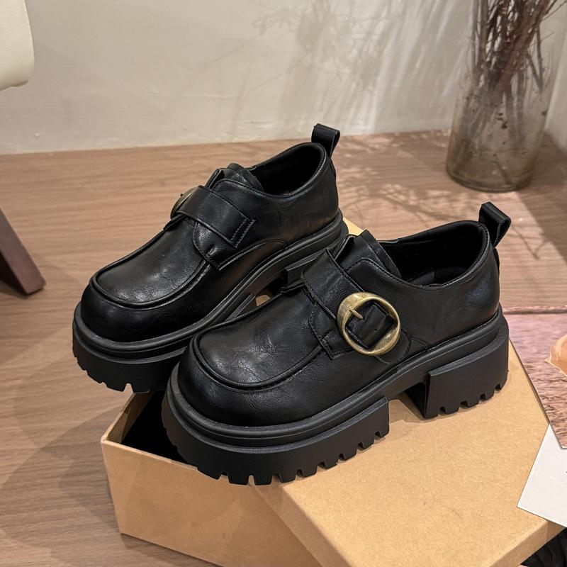 Fashion Square Heel Loafers Autumn New Round Toe Deep Mouth Metal Buckle Platform Non-slip Single Shoes