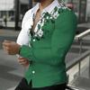 Men Collared Shirt Black Purple Two Tone Big Rose Floral Print Long Sleeve Button Down Top