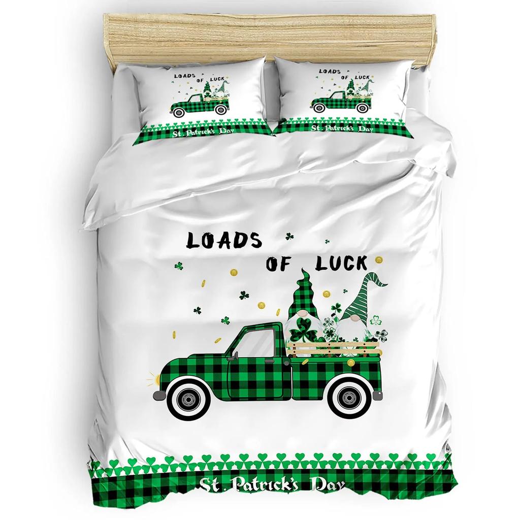 St. Patrick'S Day King Full Duvet Cover Green Lucky Clover Bedding Set Happy Cartoon Gnome Quilt Cover Polyester Comforter Cover