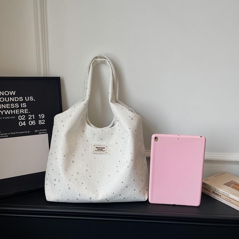 Fashi Solid Nyl Youth Women's Tote Bag Star Print Large Capacity Casual Shoulder Bags School Work Travel Daily Use Handbag